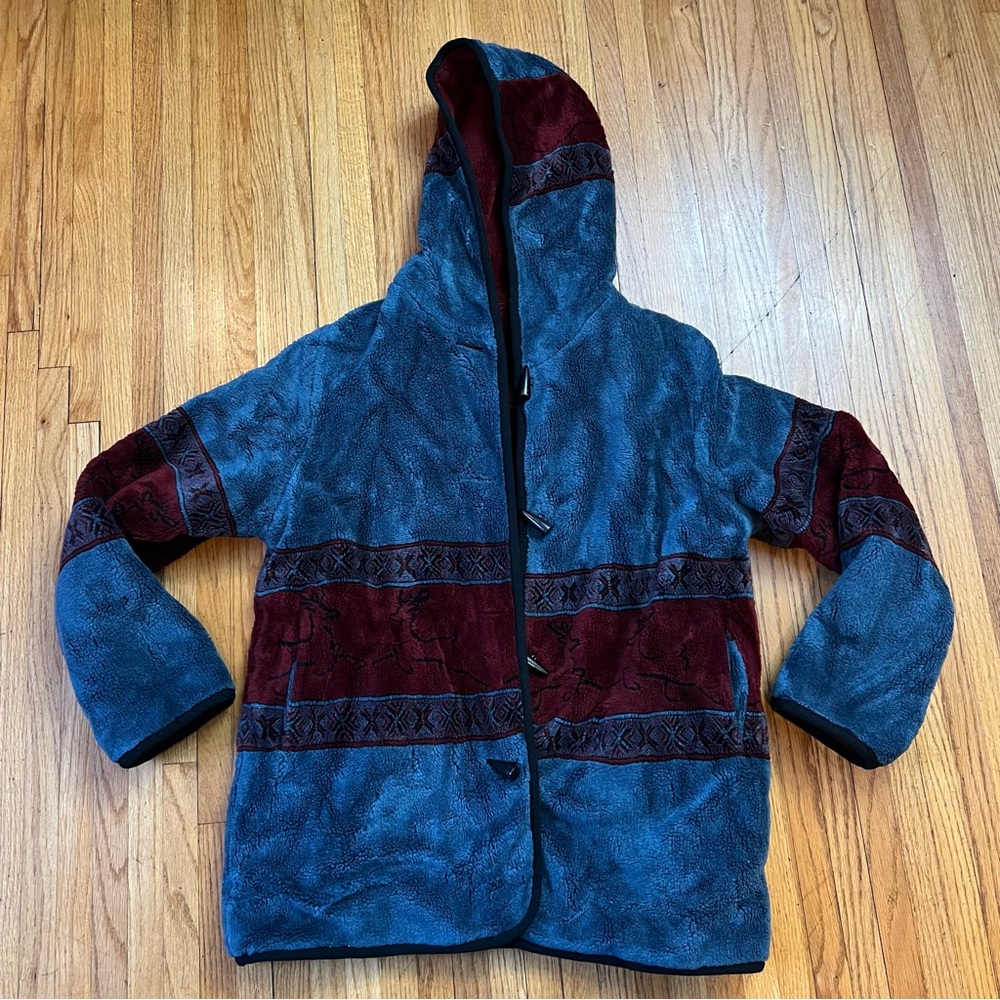 Nordic Lights Medium Blue Red Tribal Deer Fleece Jacket Women Reversible Aztec